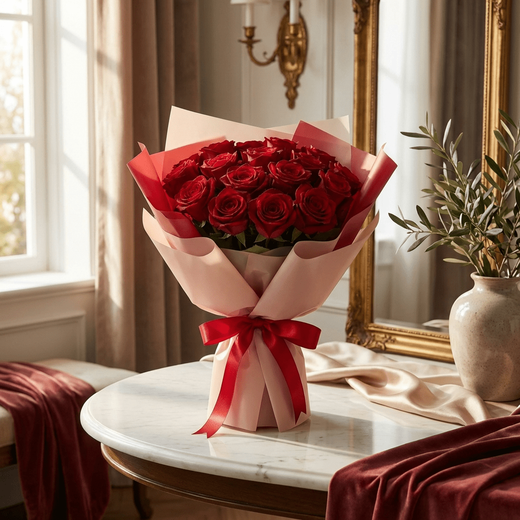 Crimson Embrace flower arrangement - a lavish bouquet of deep red roses wrapped in layered blush pink and red paper, tied with a red satin ribbon on a marble table
