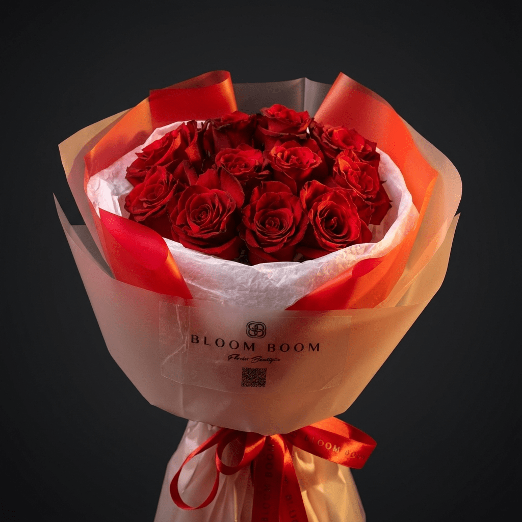 Crimson Vow flower arrangement - a lush bouquet of deep red roses wrapped in frosted translucent paper and white tissue, secured with a red satin ribbon
