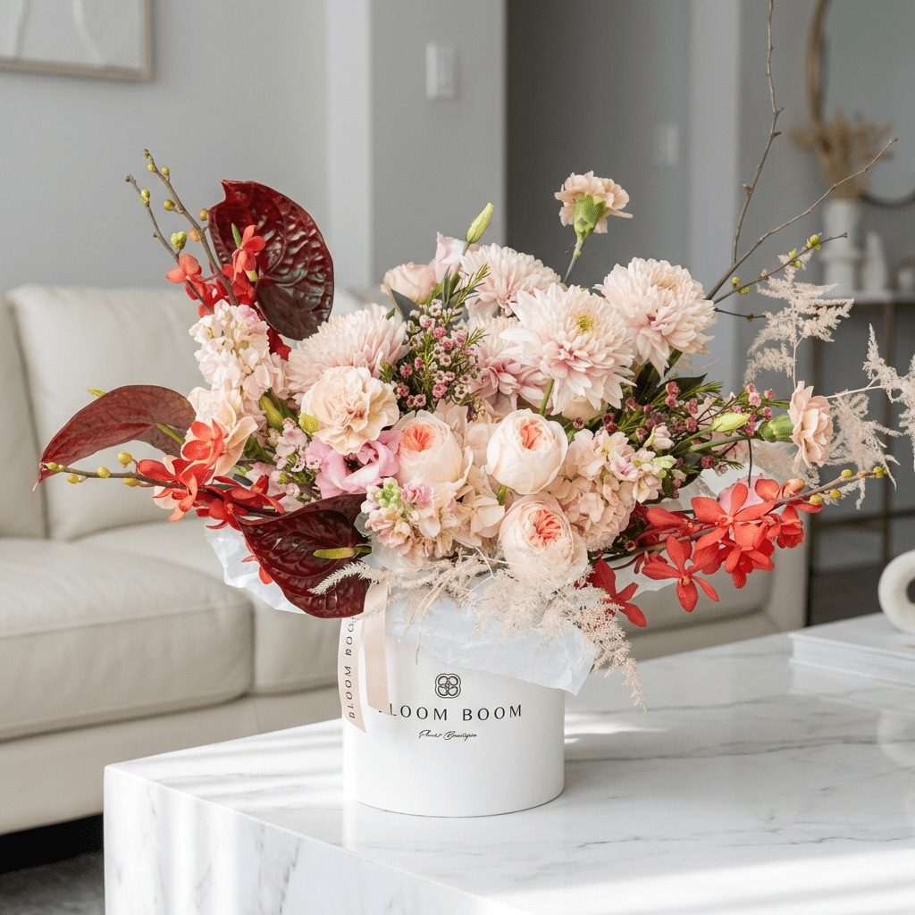 The Love Note flower arrangement - peach garden roses, dahlias, burgundy anthuriums, red orchids in Bloom Boom hat box