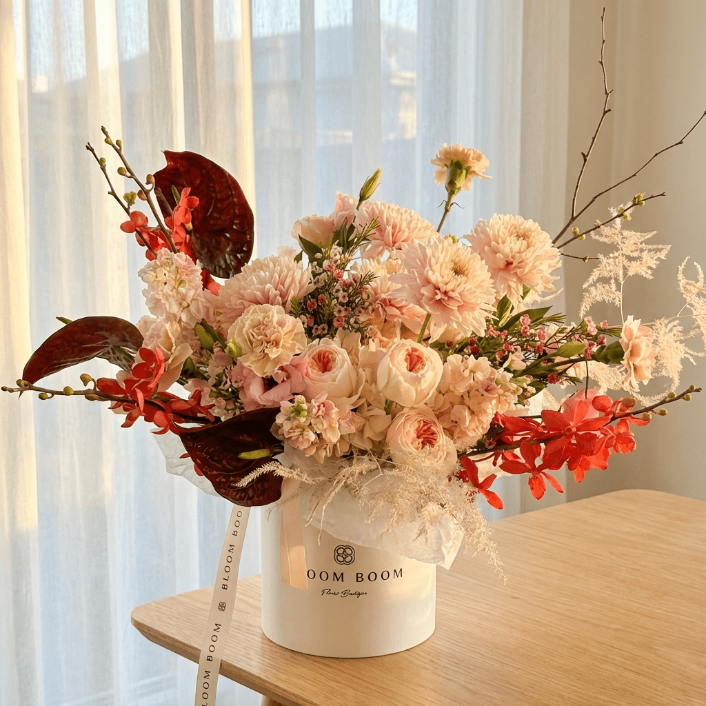 The Love Note flower arrangement - peach garden roses, dahlias, burgundy anthuriums, red orchids in Bloom Boom hat box