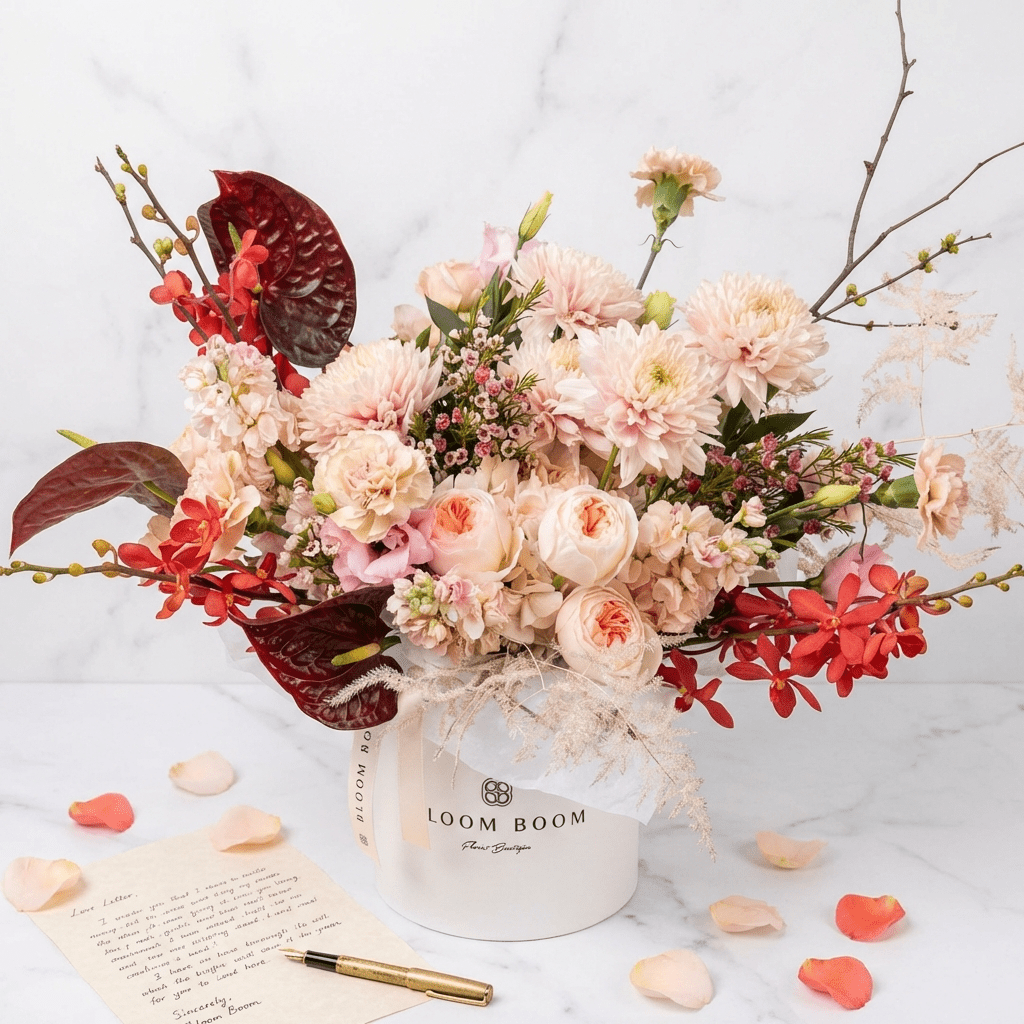 The Love Note flower arrangement - peach garden roses, dahlias, burgundy anthuriums, red orchids in Bloom Boom hat box