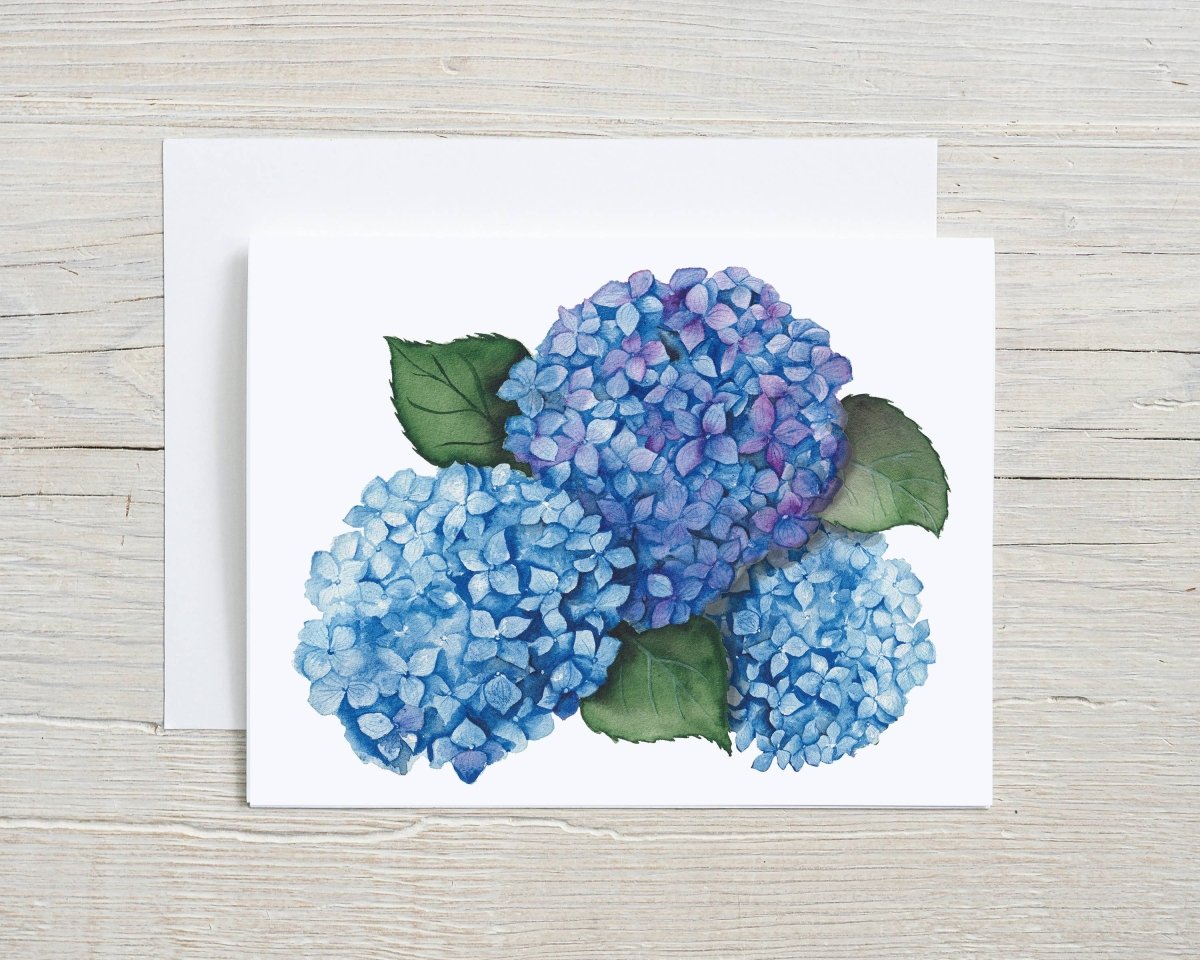 Hydrangea Watercolor Card, Blue and Purple Floral Art,