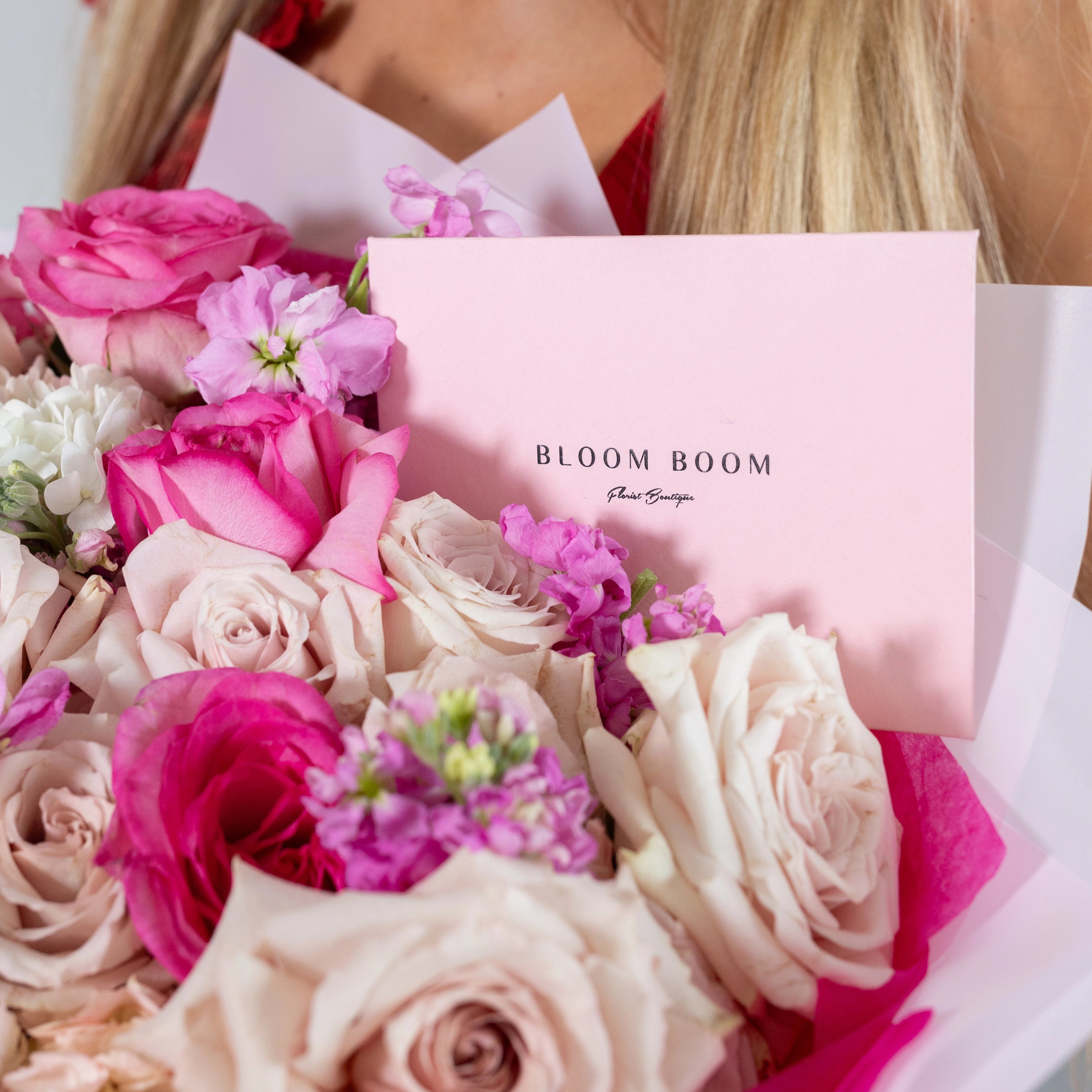 Bloom Boom pink white rose ranunculus bouquet with branded business card Los Angeles florist arrangement