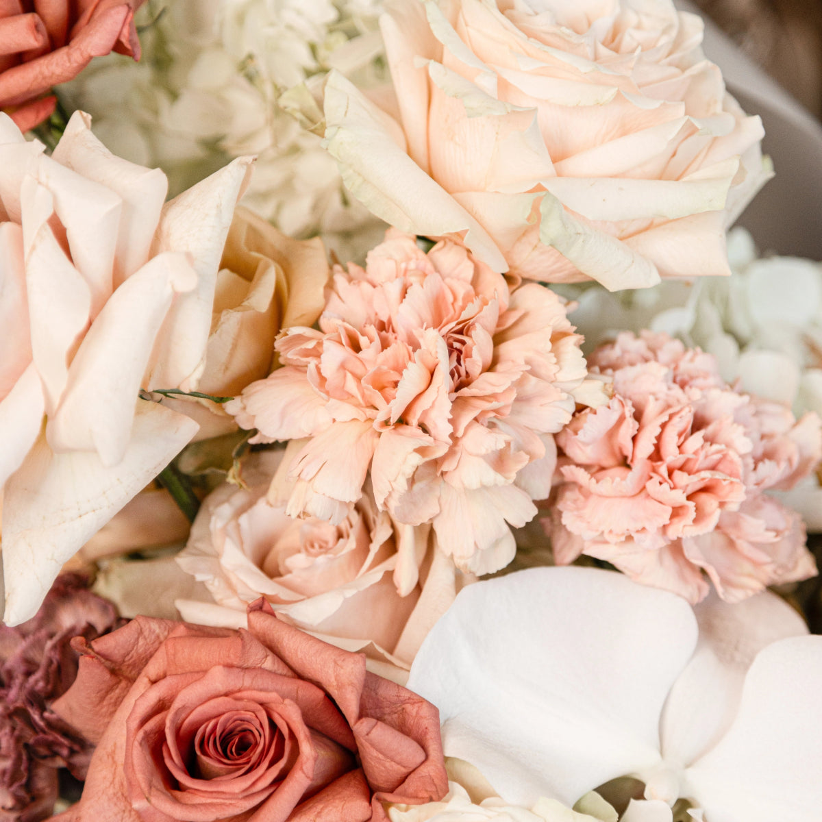Soft pink and white mixed flower bouquet with roses, carnations and hydrangea in pastel coral tones