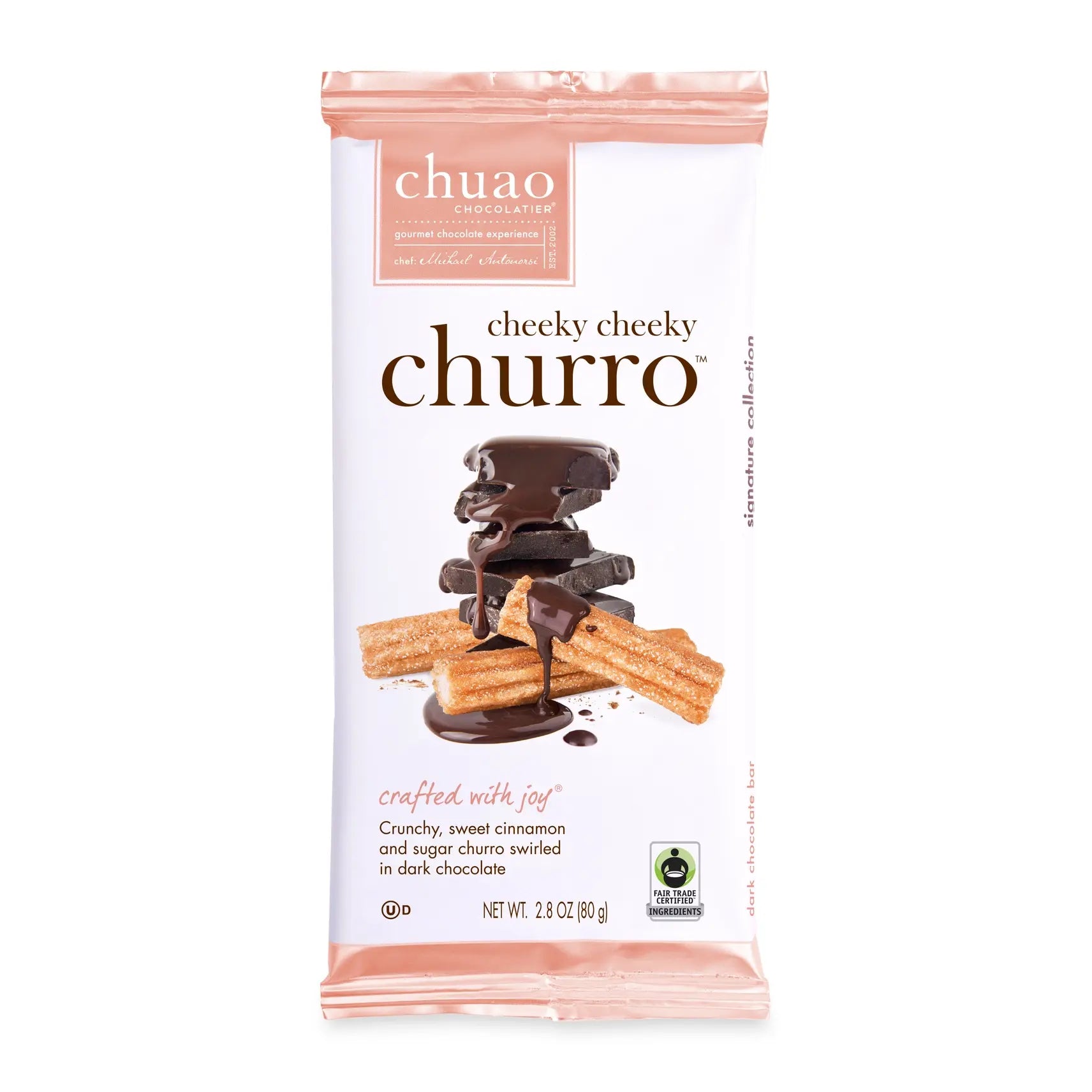 Chuao Chocolatier cheeky churro dark chocolate bar with cinnamon sugar swirls and churro pieces on white package