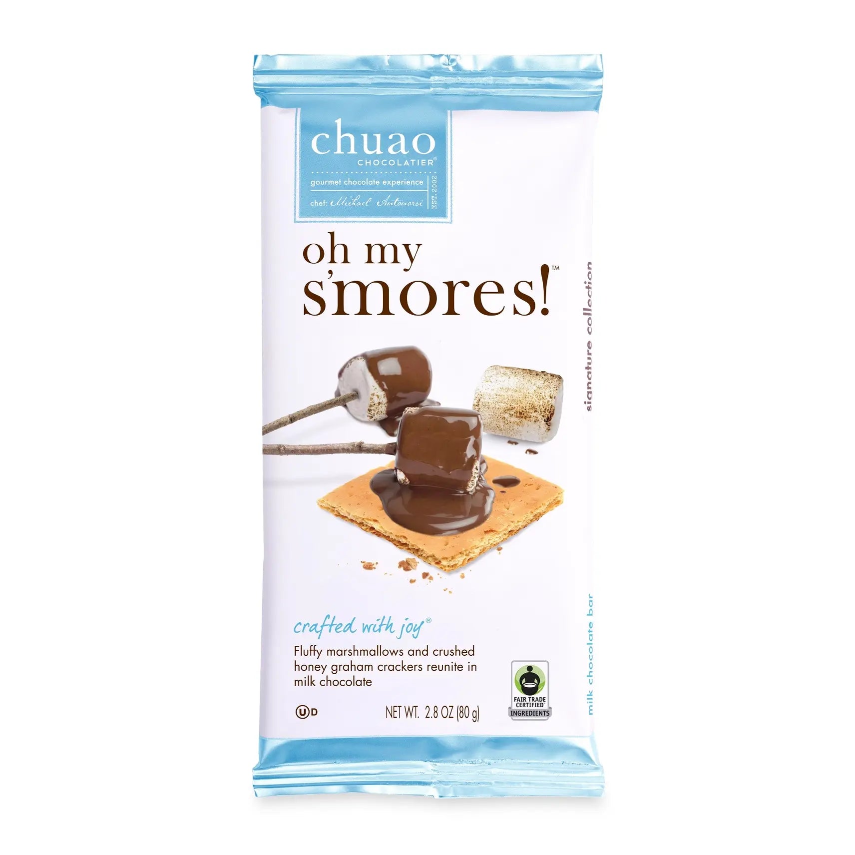 Chuao Oh My S'mores milk chocolate bar packaging with marshmallow and graham cracker imagery on white wrapper