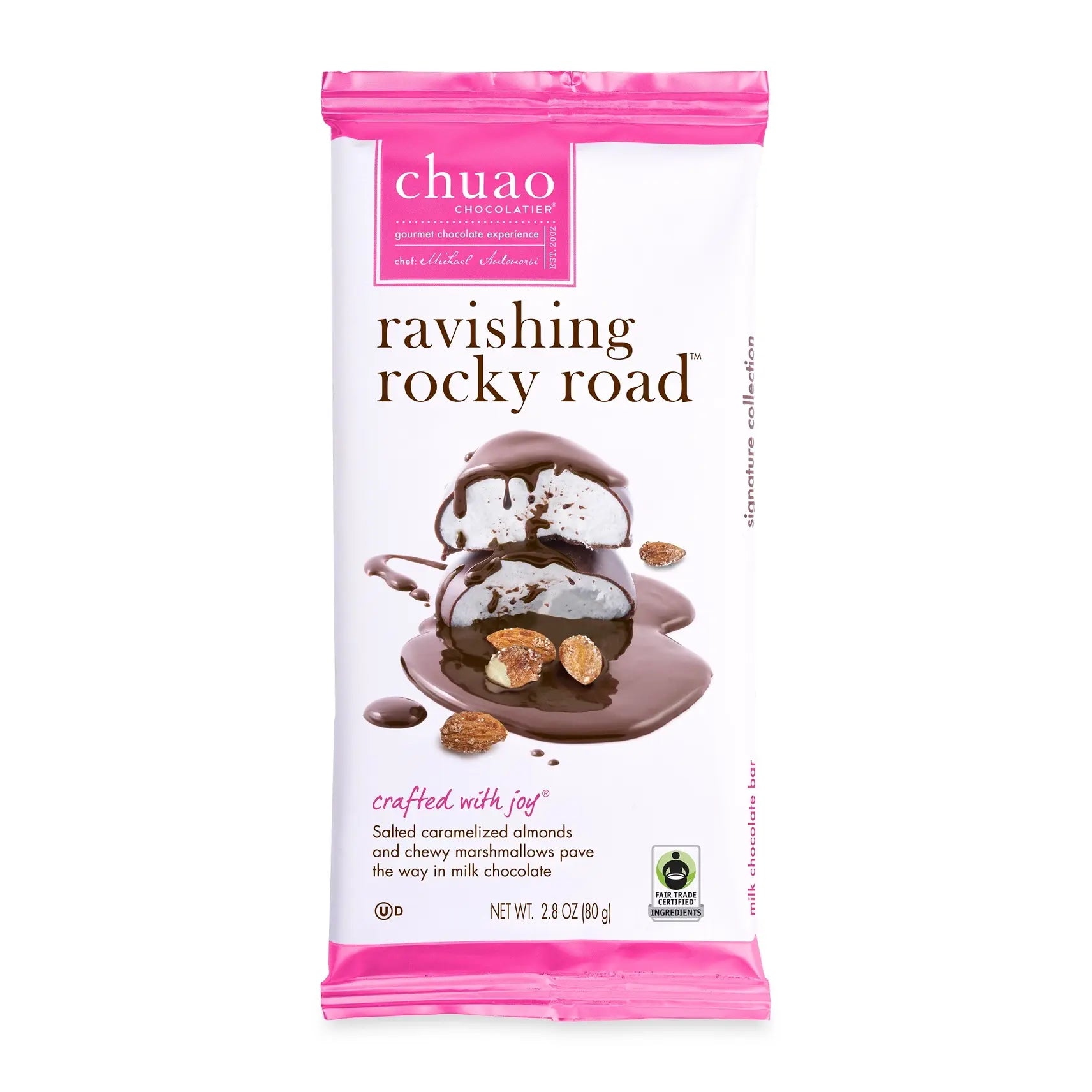 Chuao Chocolatier Ravishing Rocky Road milk chocolate bar with pink packaging showing marshmallows and almonds