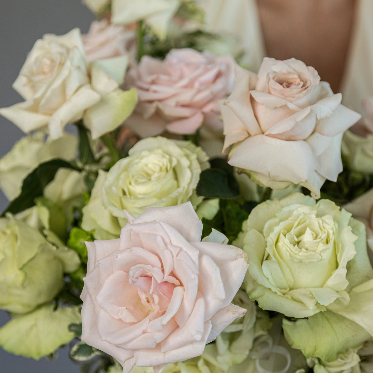 Pastel rose bouquet with blush pink and cream white roses with green foliage in elegant arrangement