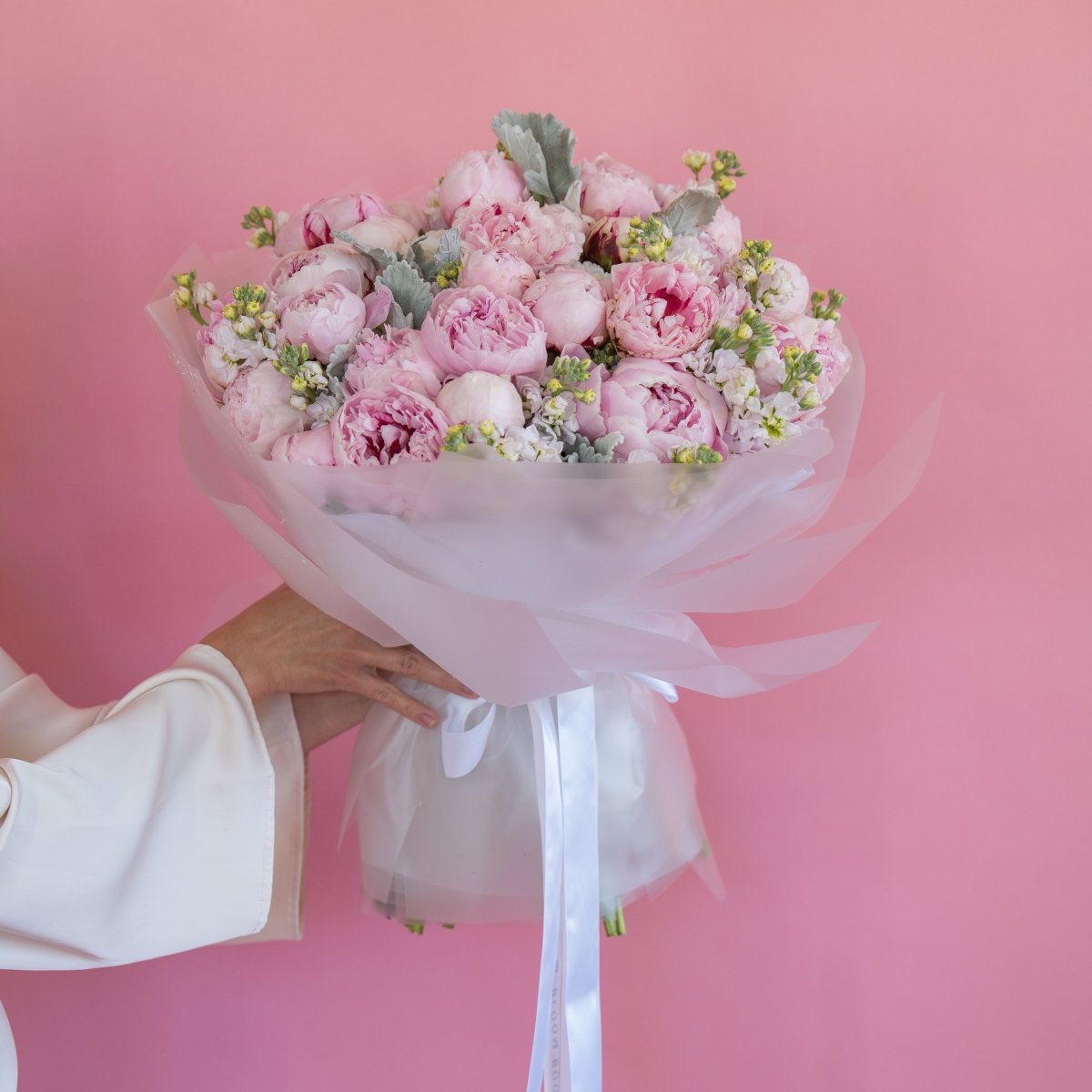 Pink peony bouquet with white stock flowers and dusty miller leaves wrapped in sheer white ribbon