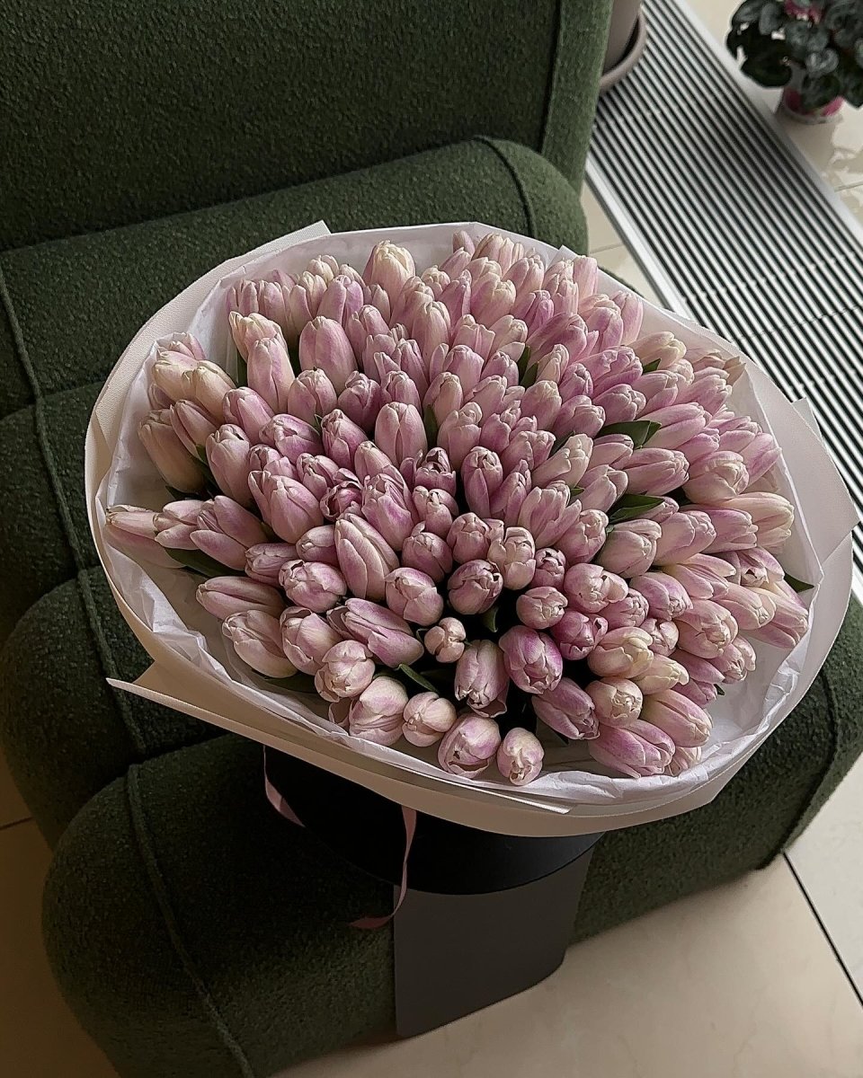 Large bouquet of 151 soft pink tulips wrapped in beige paper, displayed on green upholstered chair