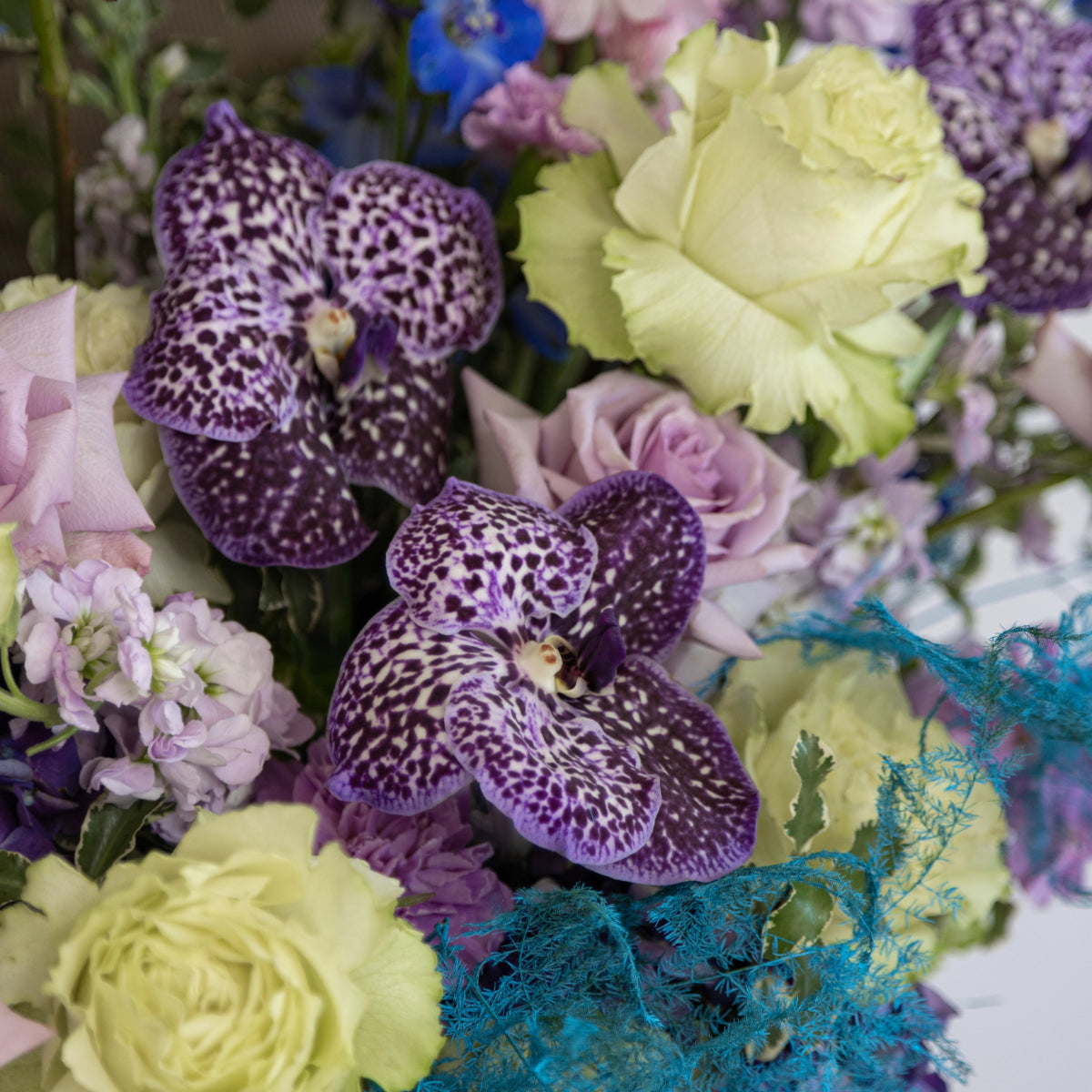 Purple spotted orchids with white roses, lilac flowers and blue accent foliage in mixed flower arrangement
