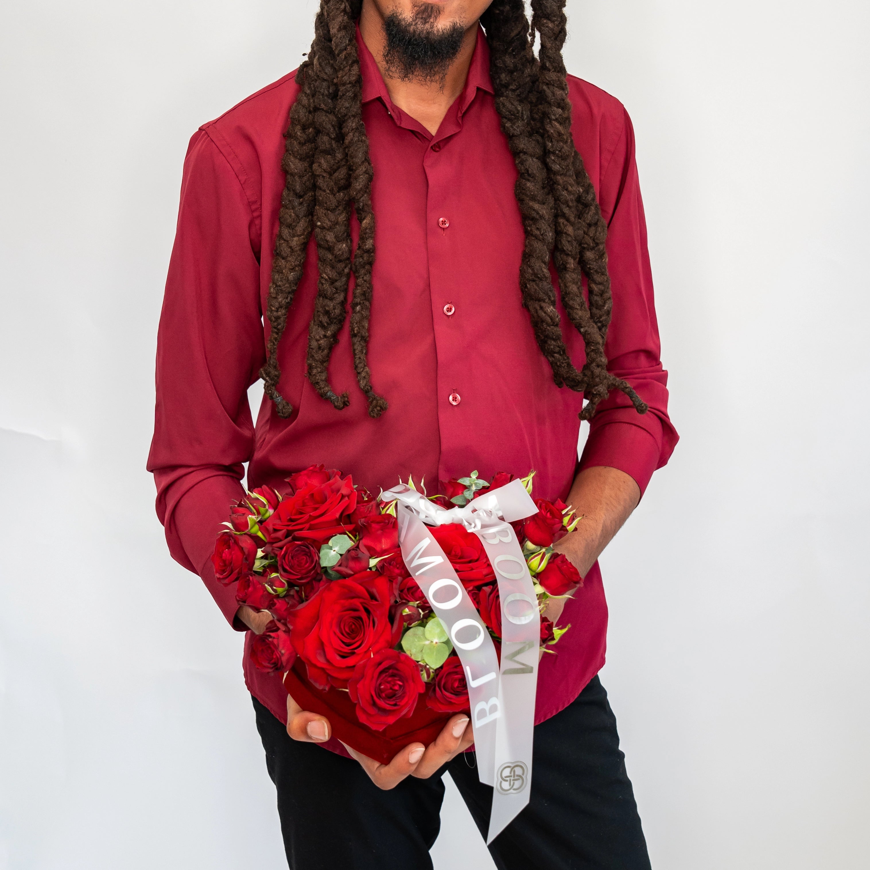 Red roses in velvet heart-shaped box with white ribbon - Valentine's Day flower arrangement Los Angeles
