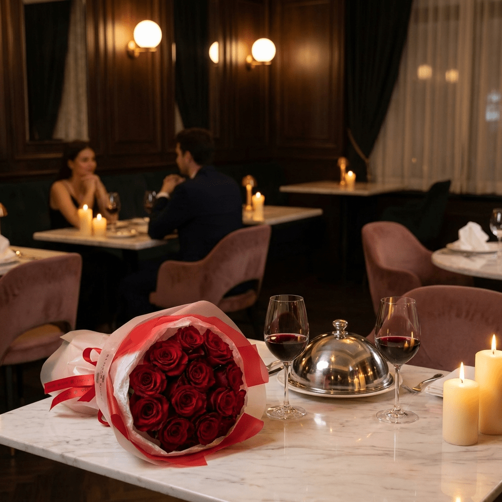 Crimson Candlelight flower arrangement - a lush bouquet of deep red roses wrapped in white and red paper sitting on a marble table with wine glasses and candles