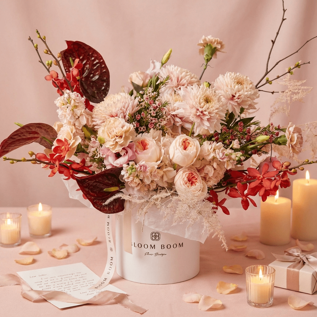 The Love Note flower arrangement - peach garden roses, dahlias, burgundy anthuriums, red orchids in Bloom Boom hat box