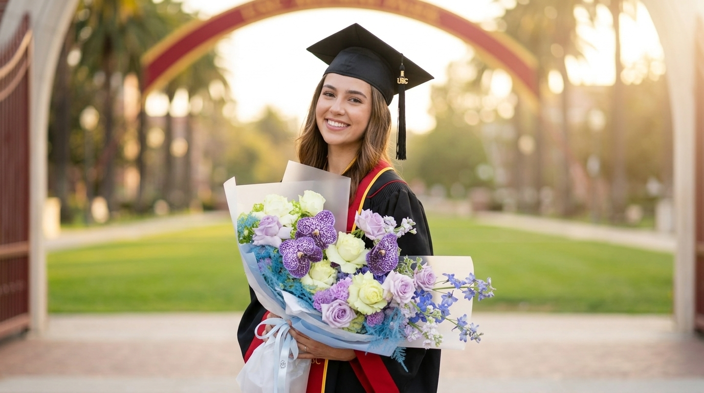 USC graduate outdoors at Doheny Memorial Library steps with a Ocean Breeze bouquet — Bloom Boom