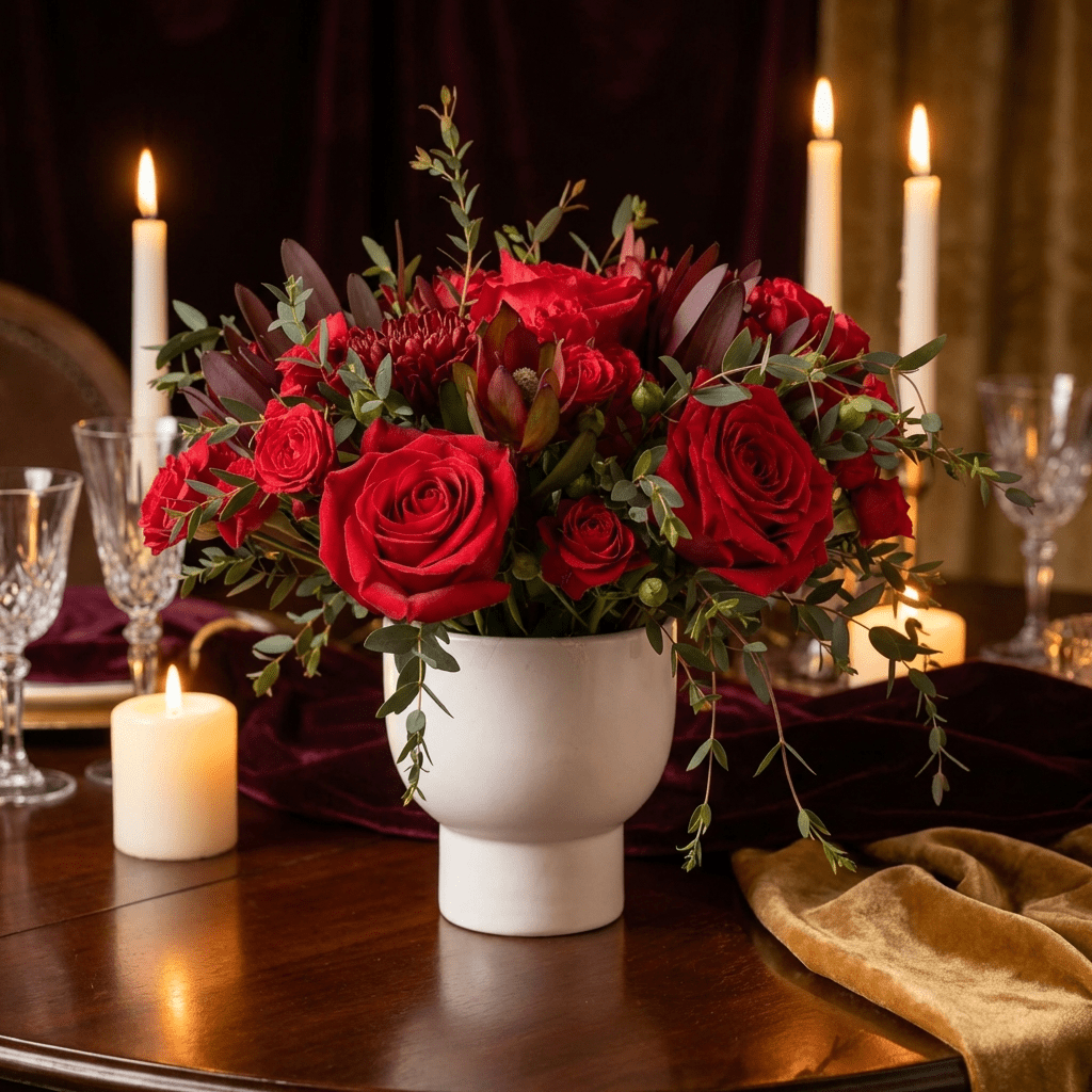Crimson Kiss red roses in romantic candlelight