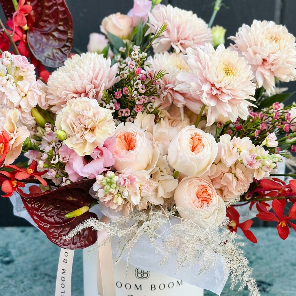 The Love Note flower arrangement - peach garden roses, dahlias, burgundy anthuriums, red orchids in Bloom Boom hat box
