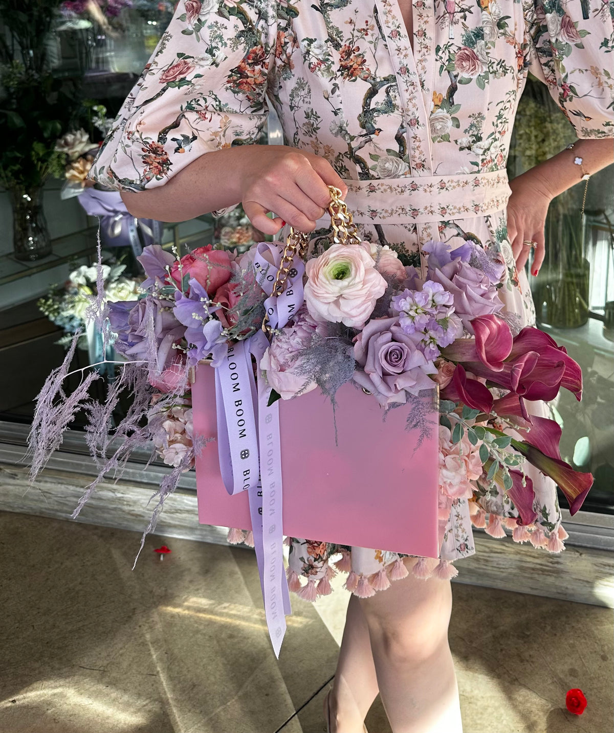 Pink base Designer Floral Purse with a blush and lilac floral palette