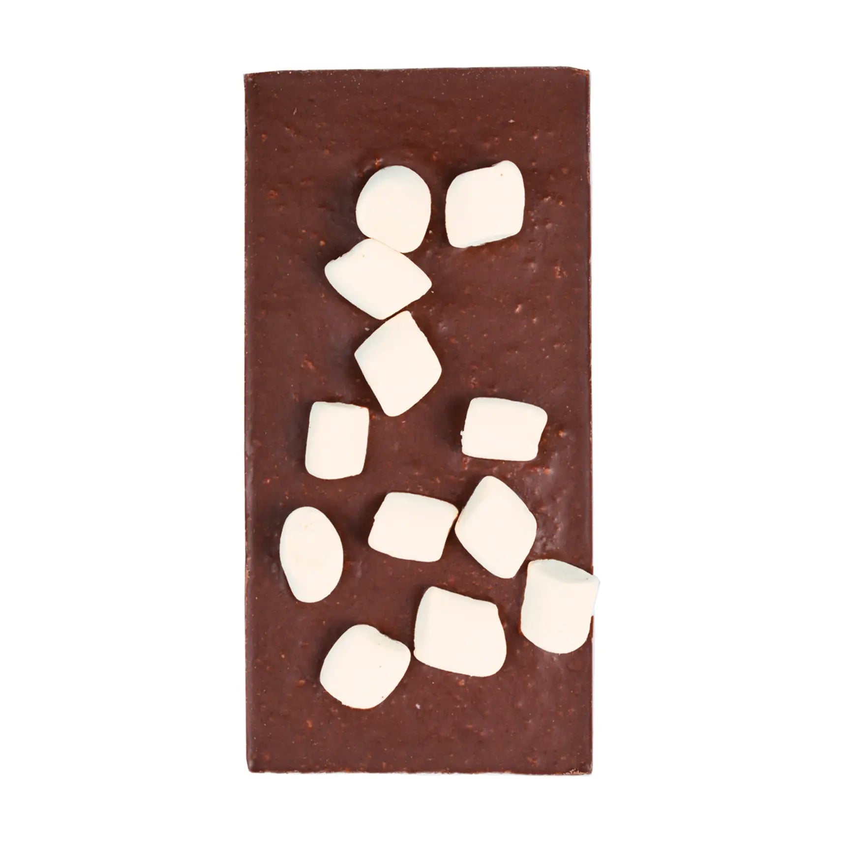 Dark chocolate bar with white marshmallow pieces scattered on top, artisanal confection on white background