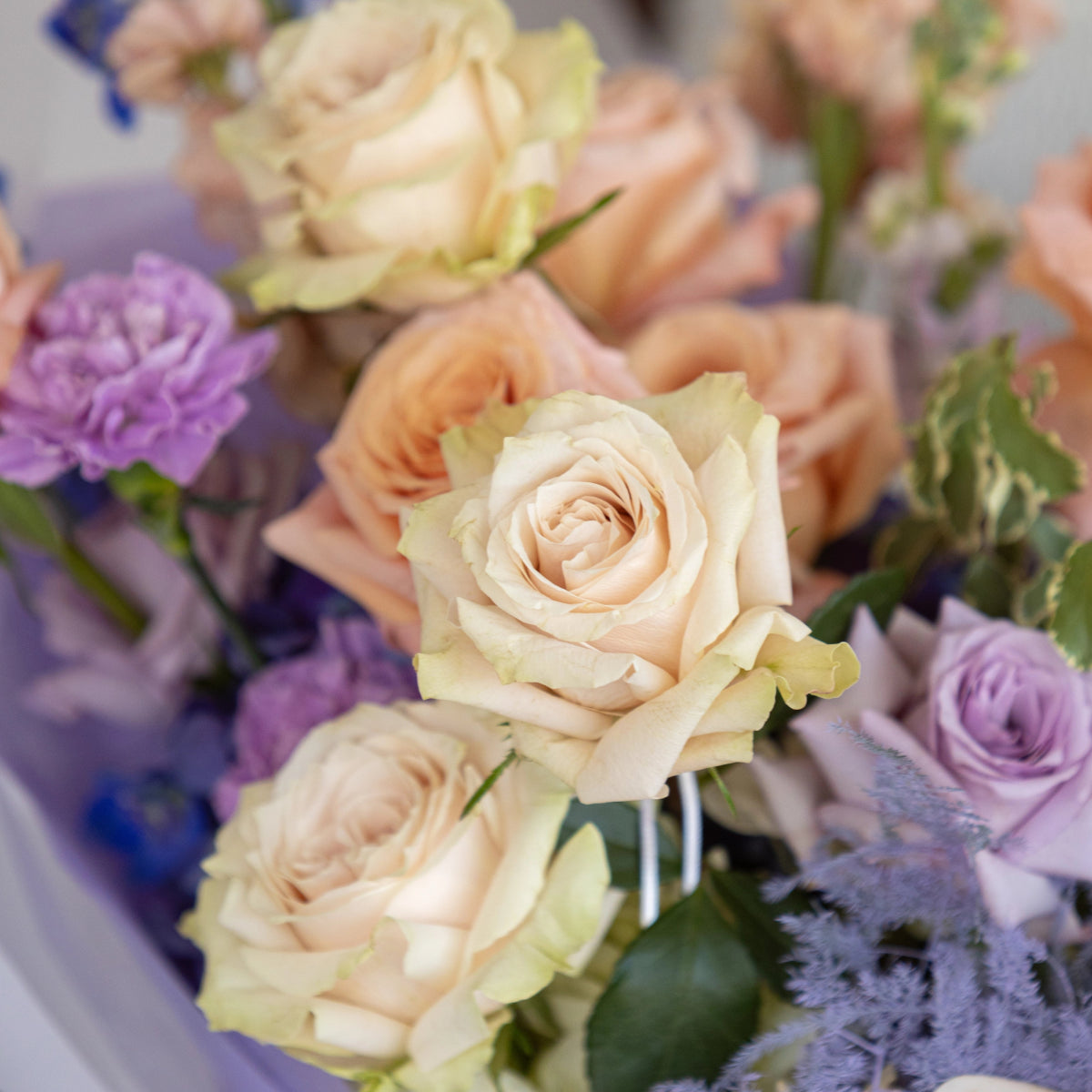 Soft peach roses and purple flowers in mixed bouquet arrangement with green foliage and delicate petals