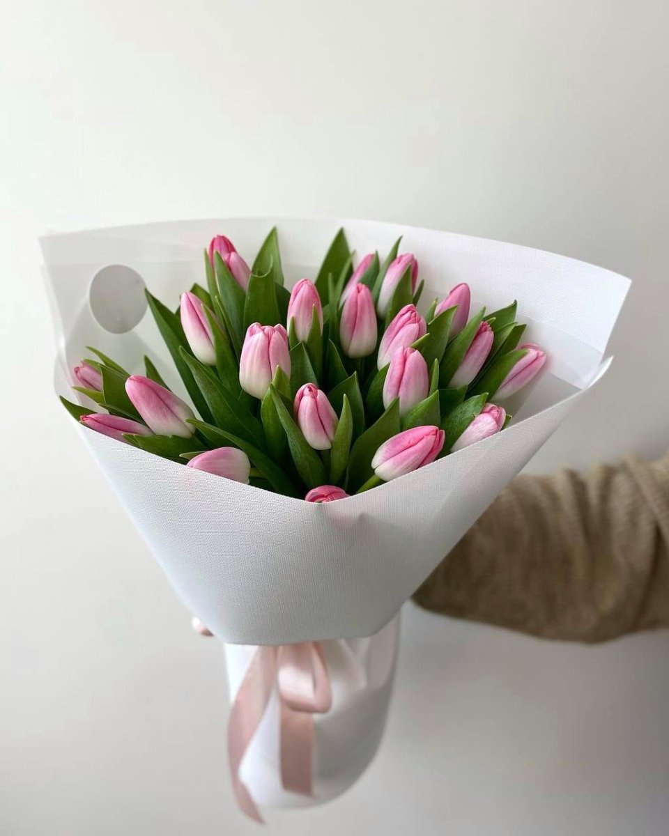 Fresh pink and white tulip bouquet wrapped in white paper with pink ribbon bow