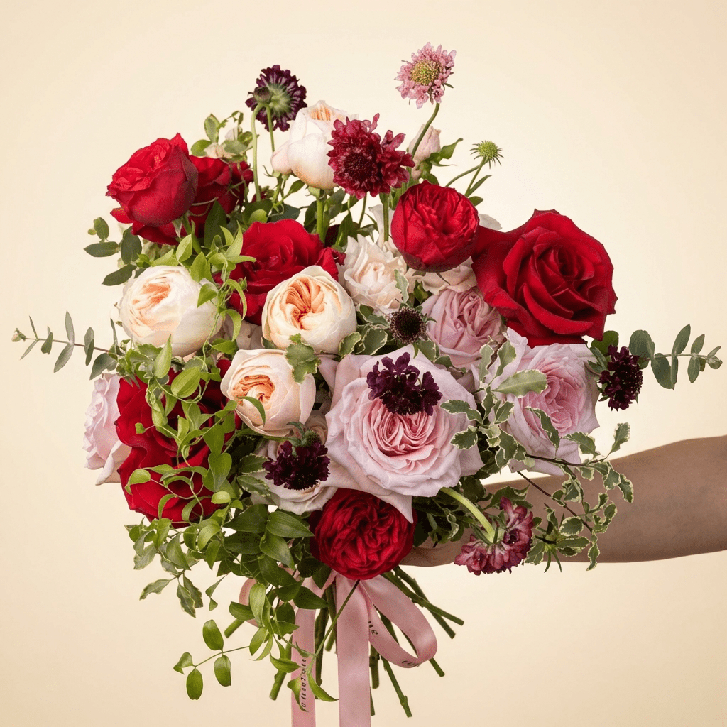 Strawberry Champagne flower arrangement featuring deep red roses, pale peach garden roses, blush pink blooms, and dark burgundy scabiosa accents tied with a pink ribbon