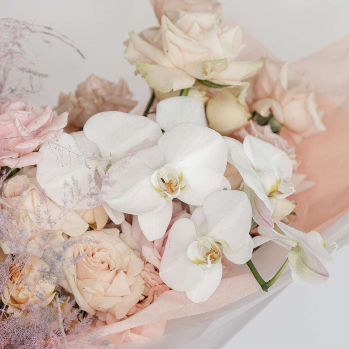 Elegant bridal bouquet with white orchids, blush pink roses, and cream hydrangea wrapped in soft pink ribbon